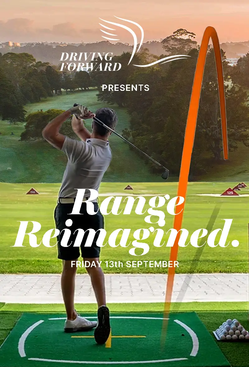 A golfer mid-swing at a driving range